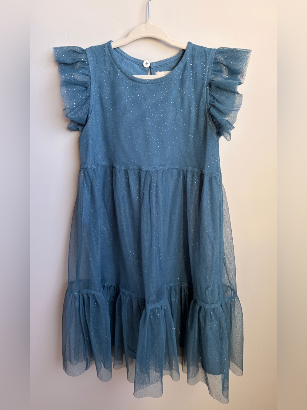 Creamie Blue Sparkle Tulle Ruffle-Sleeve Kids Dress